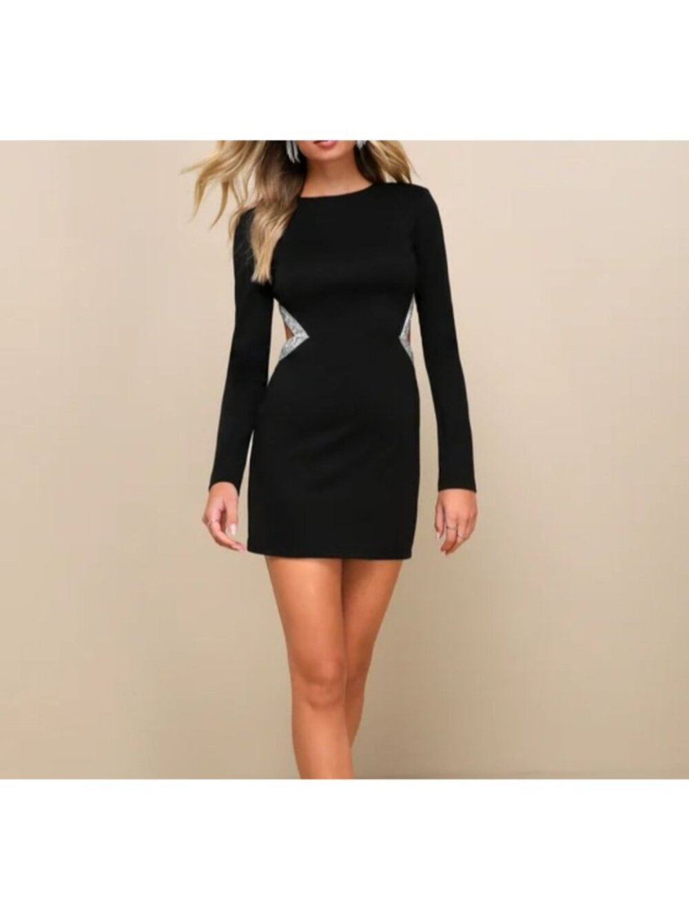Lulus Sparkling Stunner Black Rhinestone Cutout Long Sleeve Mini Dress Medium